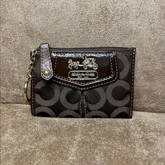 Handbags - Coach signature monogram canvas and smooth leather, w/zip card slot and key ring